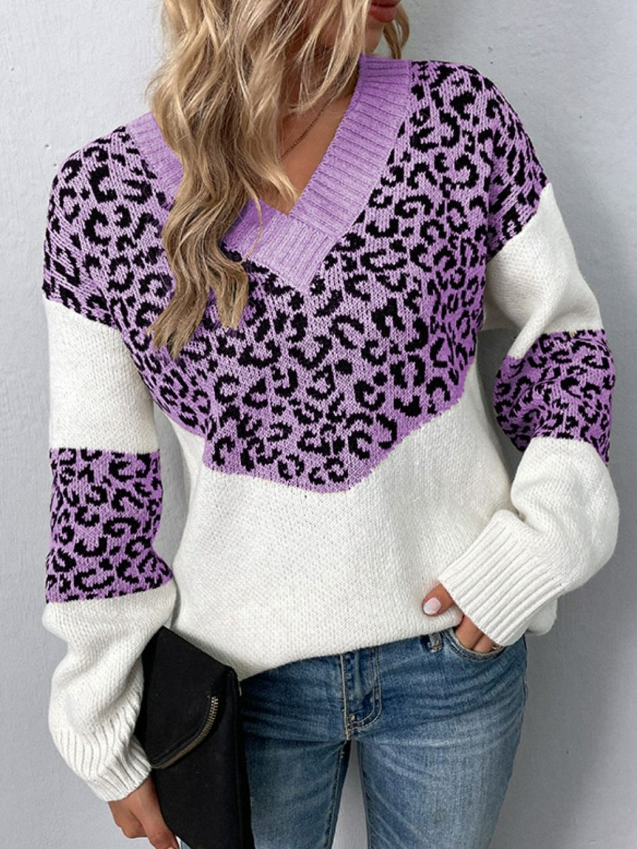 Leopard V - Neck Dropped Shoulder Sweater - S. M. & Co.