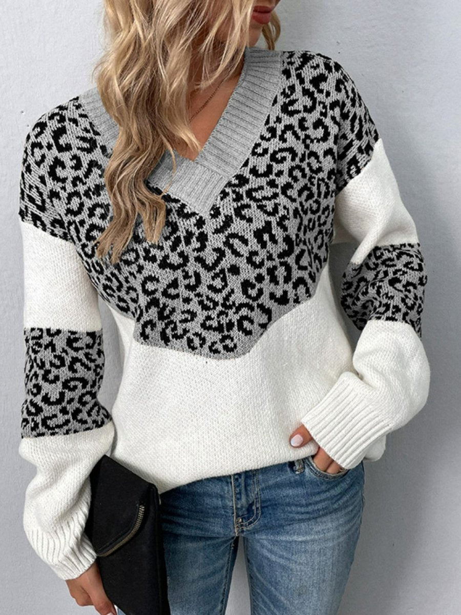 Leopard V - Neck Dropped Shoulder Sweater - S. M. & Co.