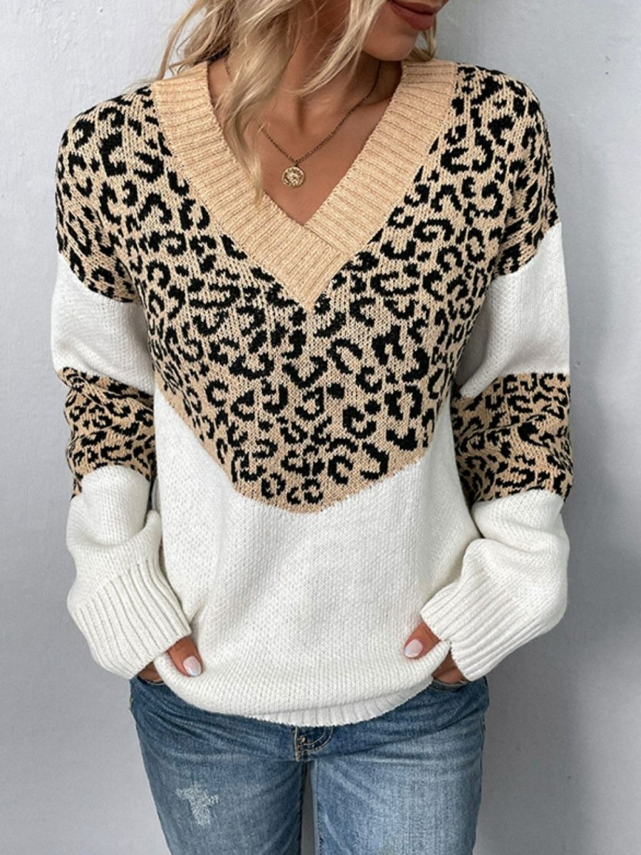 Leopard V - Neck Dropped Shoulder Sweater - S. M. & Co.