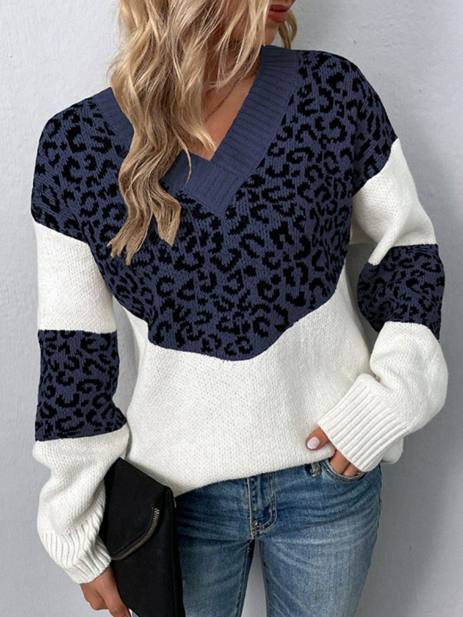 Leopard V - Neck Dropped Shoulder Sweater - S. M. & Co.