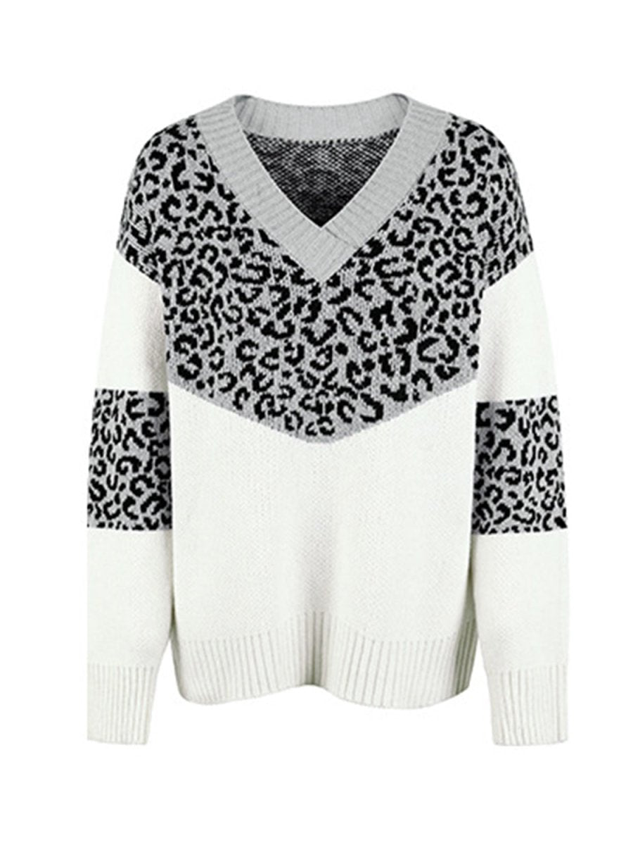 Leopard V - Neck Dropped Shoulder Sweater - S. M. & Co.