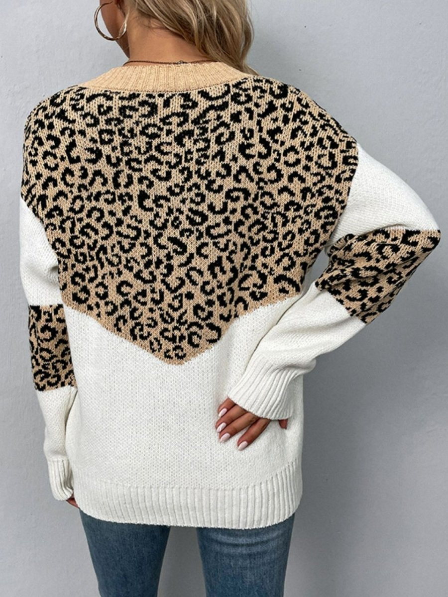 Leopard V - Neck Dropped Shoulder Sweater - S. M. & Co.