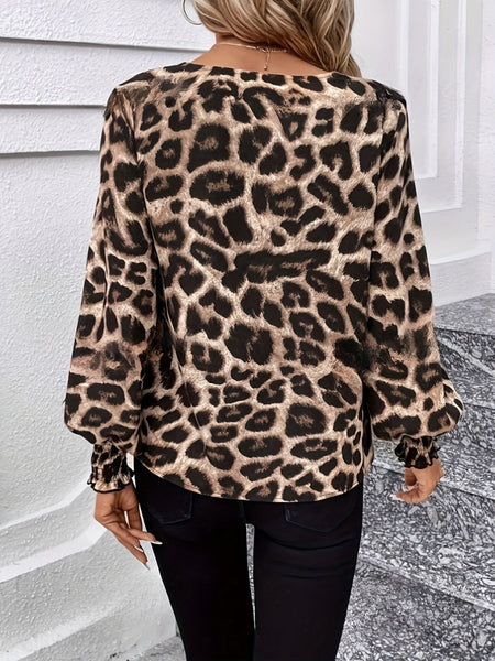 Leopard V - Neck Lantern Sleeve Blouse - S. M. & Co.