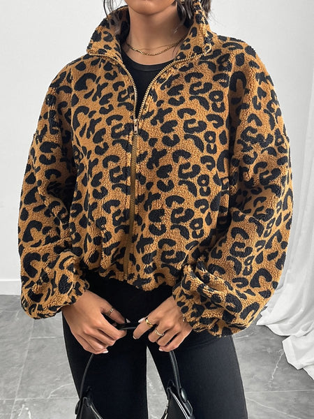 Leopard Zip Up Long Sleeve Jacket - S. M. & Co.