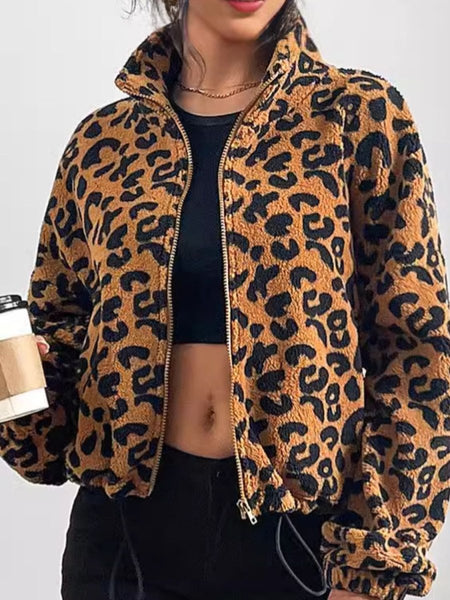 Leopard Zip Up Long Sleeve Jacket - S. M. & Co.