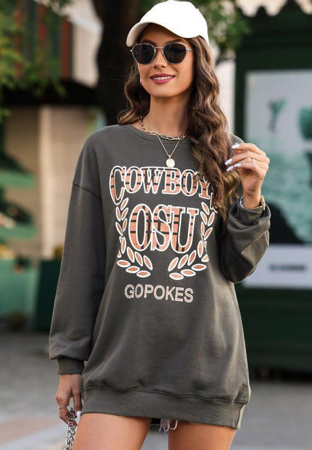 Letter Graphic Round Neck Long Sleeve Sweatshirt - S. M. & Co.