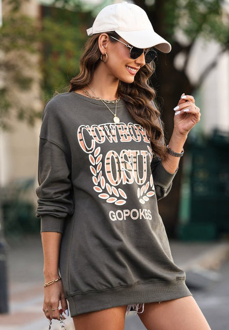 Letter Graphic Round Neck Long Sleeve Sweatshirt - S. M. & Co.