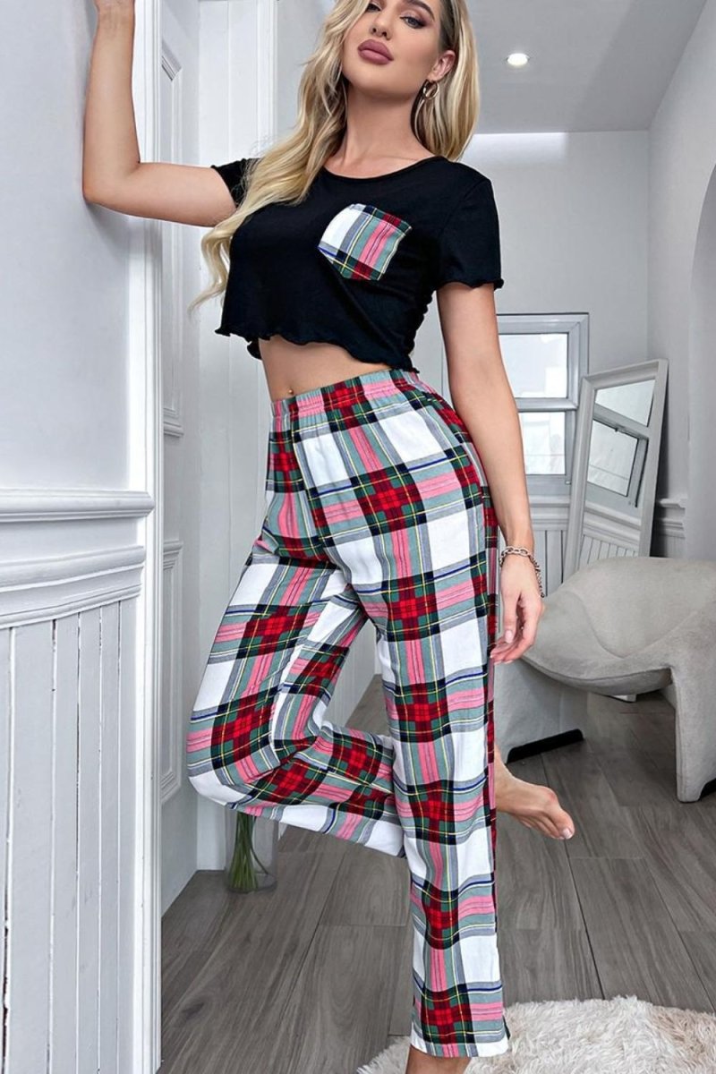 Lettuce Trim Cropped T-Shirt and Plaid Pants Lounge Set - S. M. & Co.