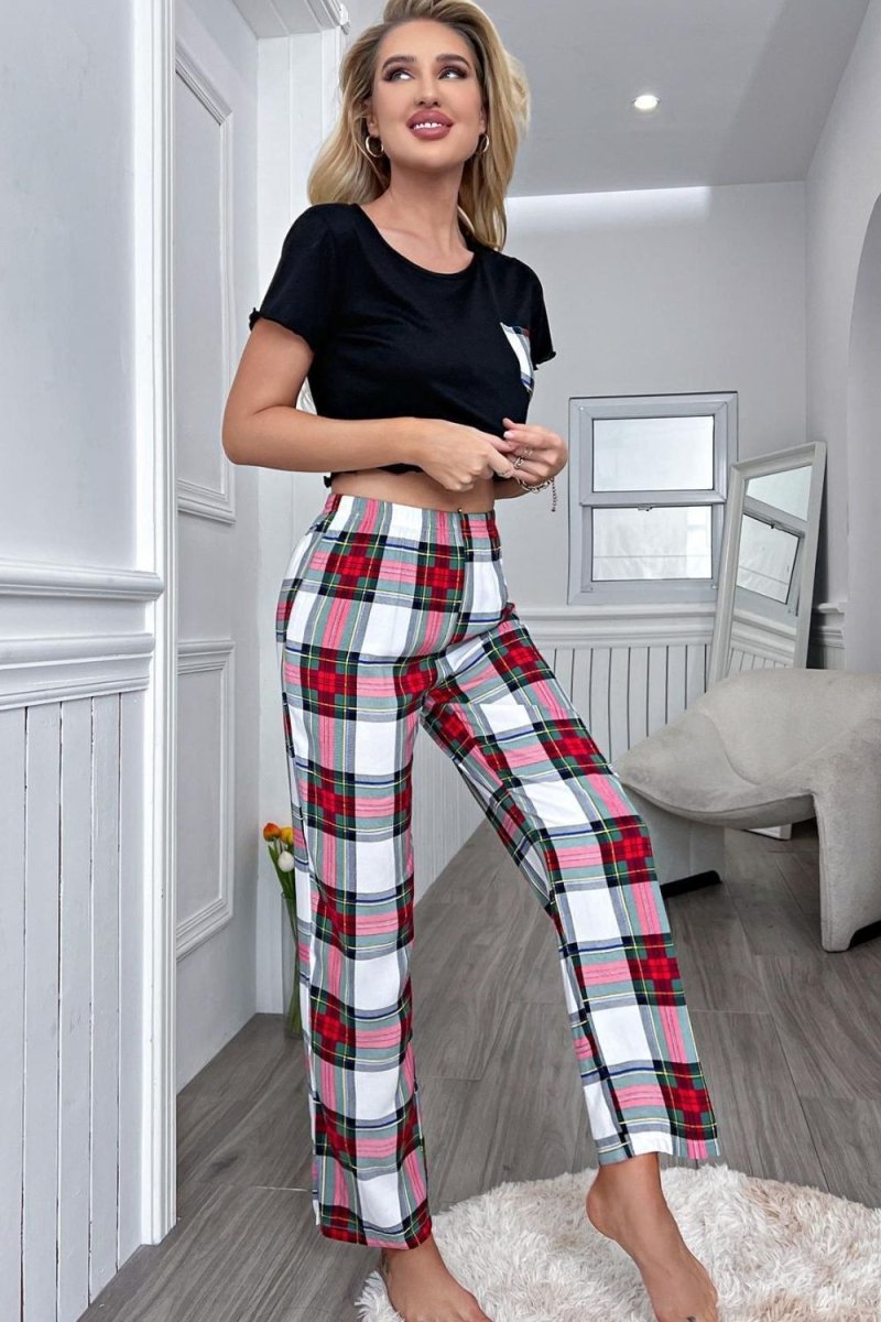 Lettuce Trim Cropped T-Shirt and Plaid Pants Lounge Set - S. M. & Co.