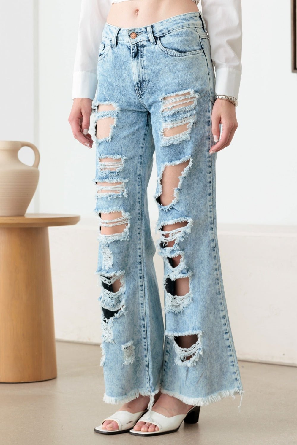 Litz La Distressed Frayed Hem Flare Jeans - S. M. & Co.