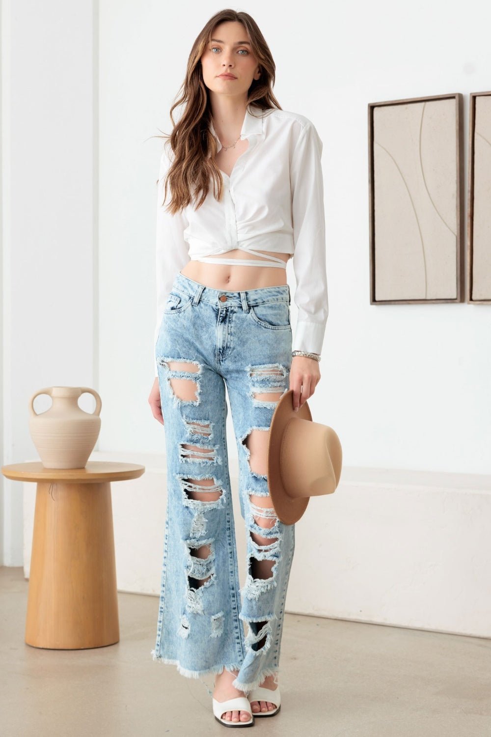 Litz La Distressed Frayed Hem Flare Jeans - S. M. & Co.