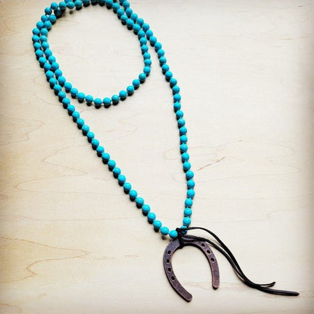 Long Turquoise Beaded Necklace & Copper Horse Shoe - S. M. & Co.