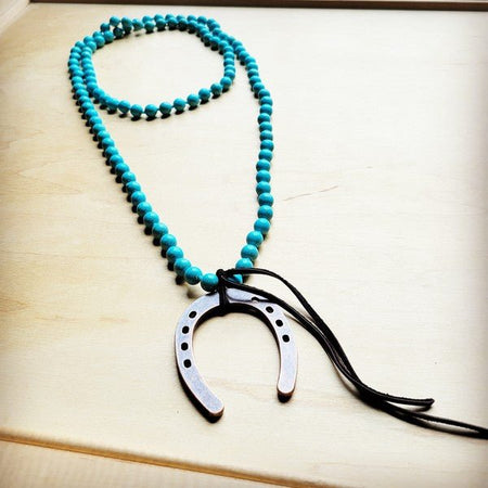 Long Turquoise Beaded Necklace & Copper Horse Shoe - S. M. & Co.