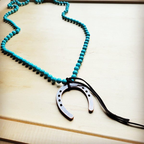 Long Turquoise Beaded Necklace & Copper Horse Shoe - S. M. & Co.