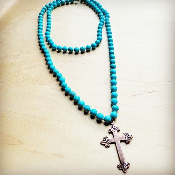 Long Turquoise Beaded Necklace w/ Copper Cross - S. M. & Co.