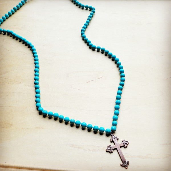 Long Turquoise Beaded Necklace w/ Copper Cross - S. M. & Co.