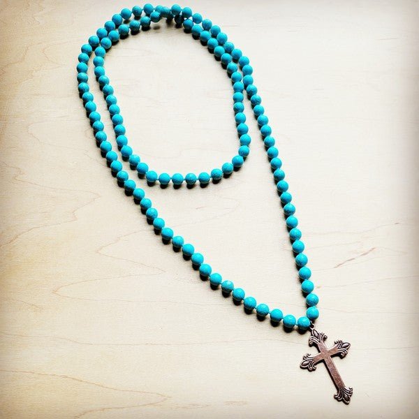 Long Turquoise Beaded Necklace w/ Copper Cross - S. M. & Co.