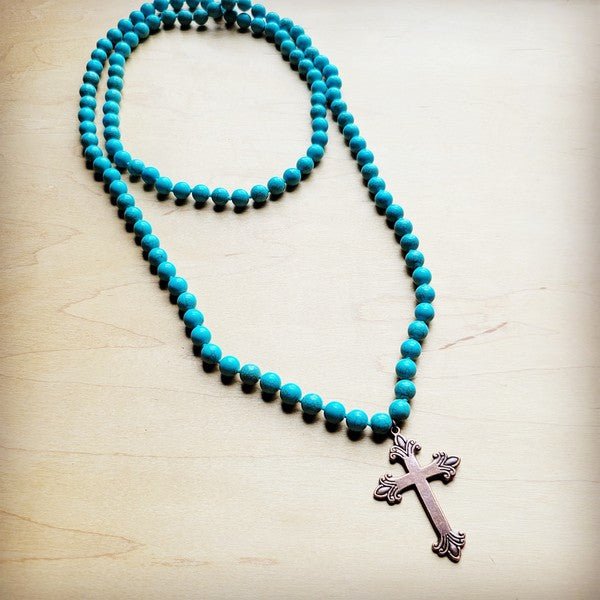 Long Turquoise Beaded Necklace w/ Copper Cross - S. M. & Co.