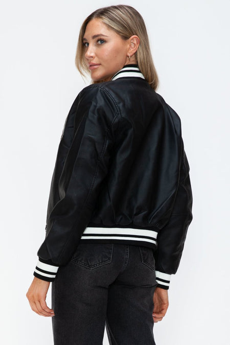 Love Me Now PU Leather Contrast Snap Down Bomber Jacket - S. M. & Co.