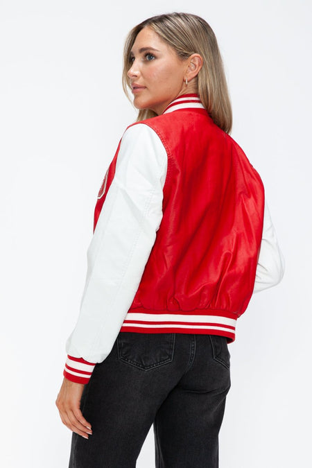 Love Me Now PU Leather Contrast Snap Down Bomber Jacket - S. M. & Co.