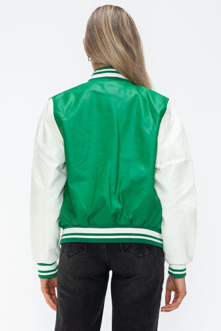 Love Me Now PU Leather Contrast Snap Down Bomber Jacket - S. M. & Co.