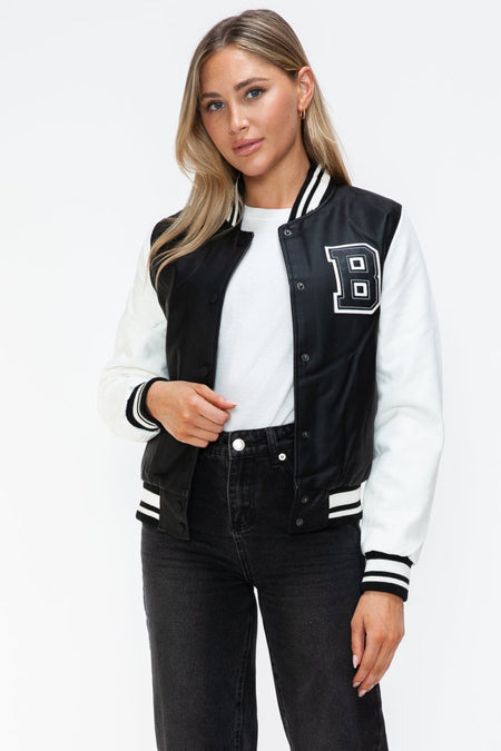 Love Me Now PU Leather Contrast Snap Down Bomber Jacket - S. M. & Co.