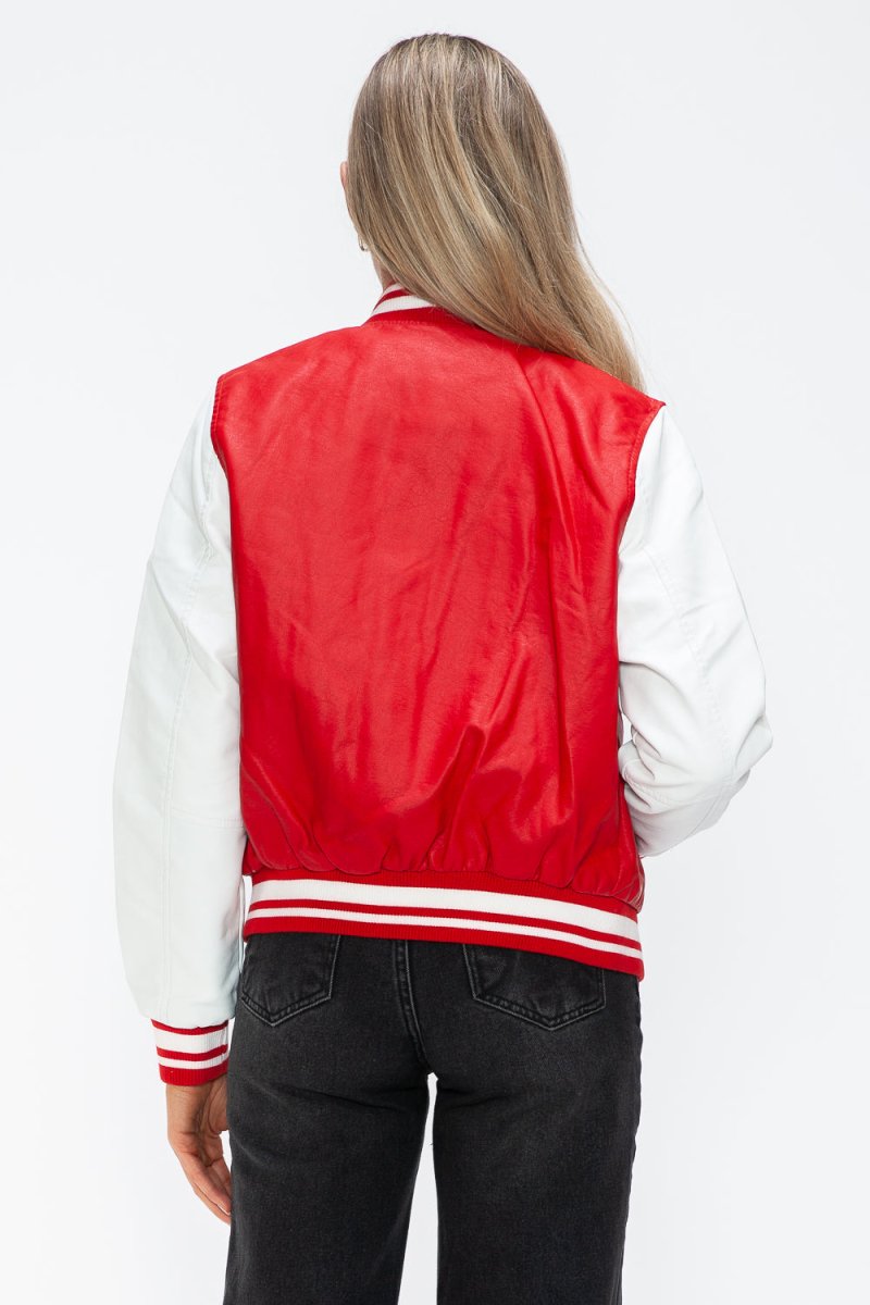 Love Me Now PU Leather Contrast Snap Down Bomber Jacket - S. M. & Co.