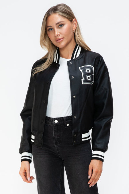 Love Me Now PU Leather Contrast Snap Down Bomber Jacket - S. M. & Co.