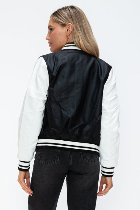 Love Me Now PU Leather Contrast Snap Down Bomber Jacket - S. M. & Co.