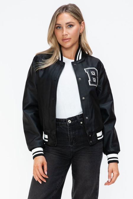 Love Me Now PU Leather Contrast Snap Down Bomber Jacket - S. M. & Co.