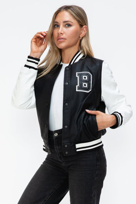 Love Me Now PU Leather Contrast Snap Down Bomber Jacket - S. M. & Co.