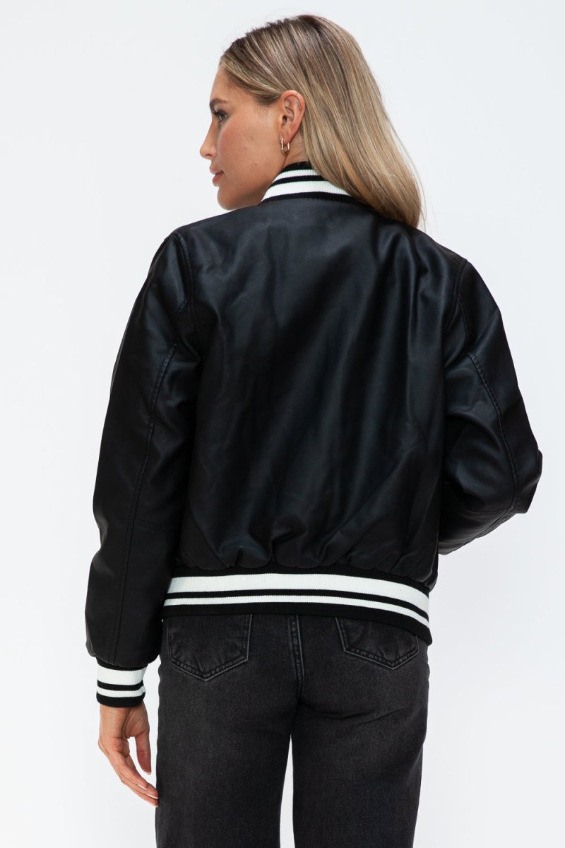 Love Me Now PU Leather Contrast Snap Down Bomber Jacket - S. M. & Co.