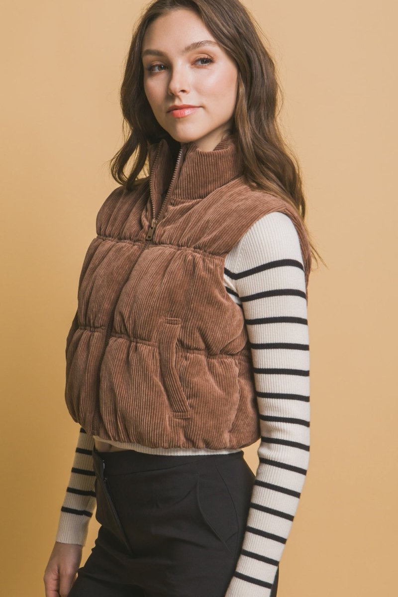 Love Tree Corduroy Zip Up Puffer Vest with Pockets - S. M. & Co.