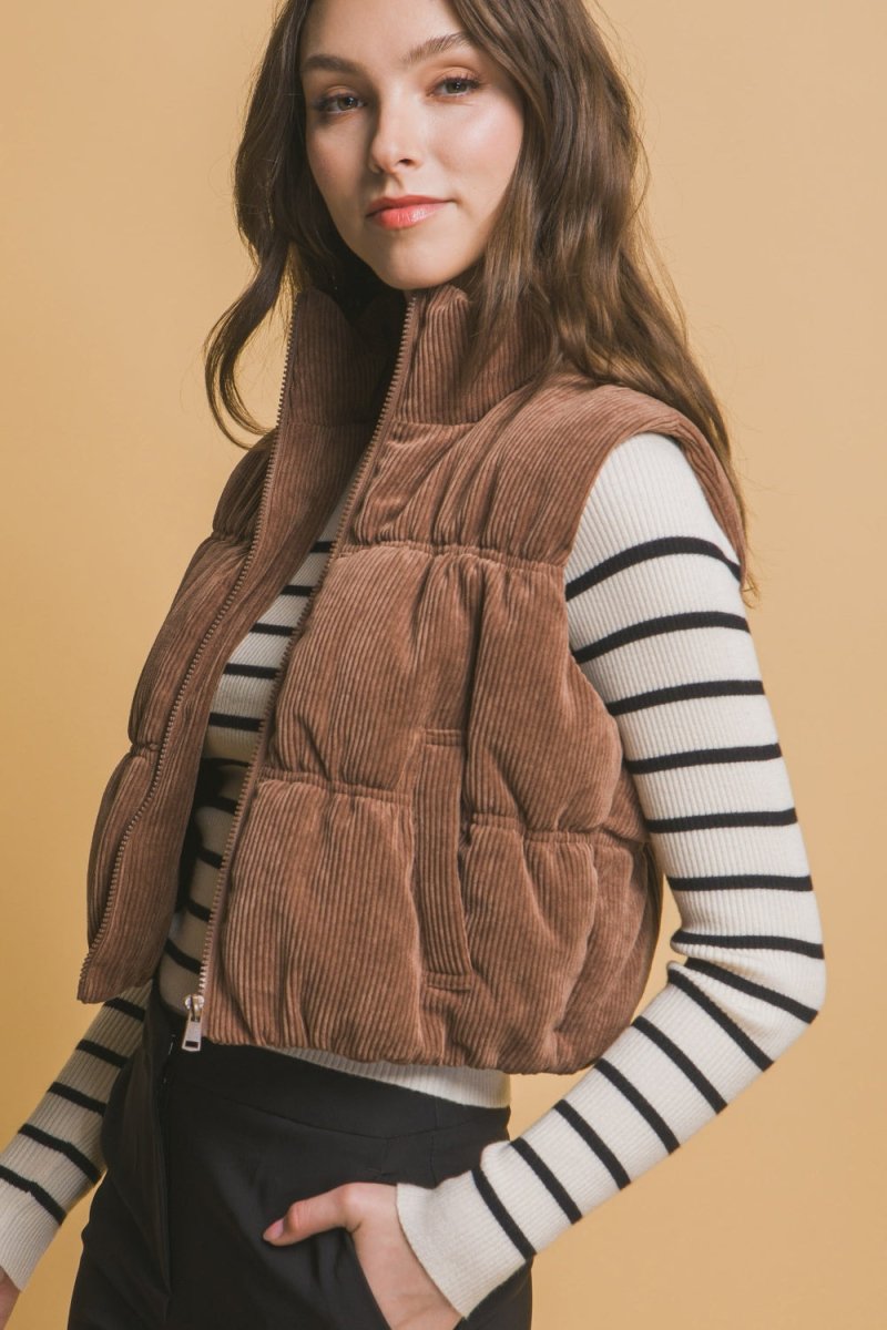 Love Tree Corduroy Zip Up Puffer Vest with Pockets - S. M. & Co.