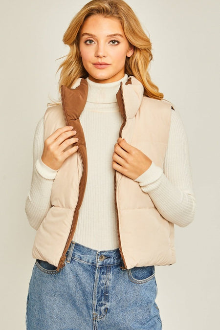 Love Tree Zip Up Cropped Contrast Reversible Vest - S. M. & Co.