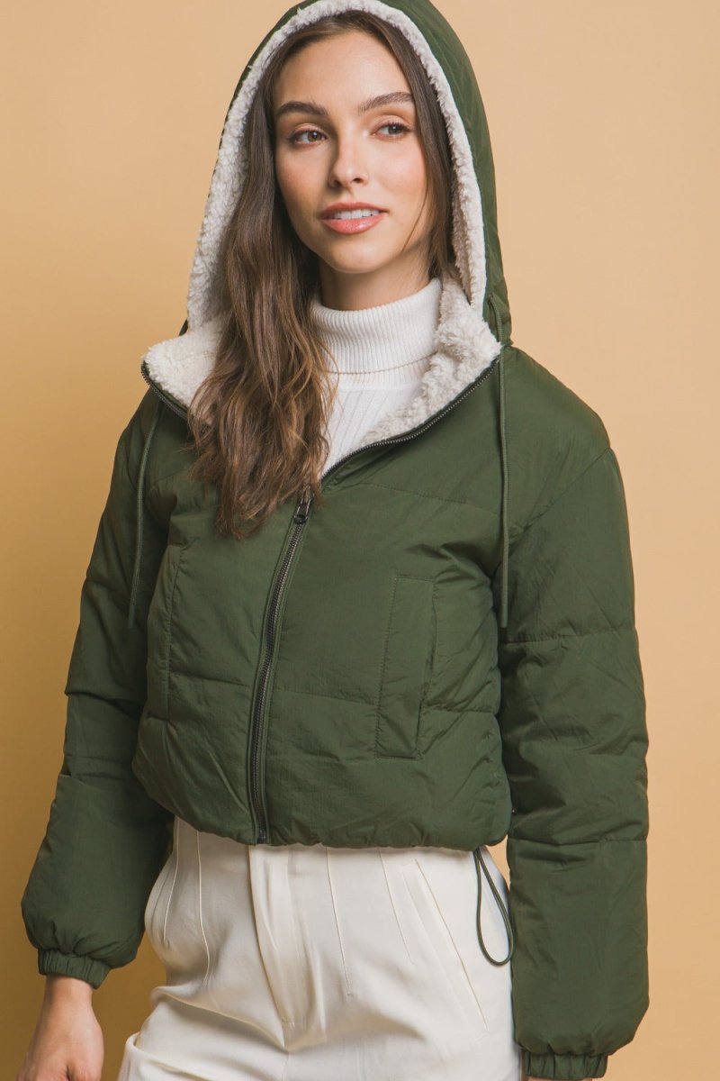 Love Tree Zip Up Cropped Hooded Sherpa Reversible Jacket - S. M. & Co.