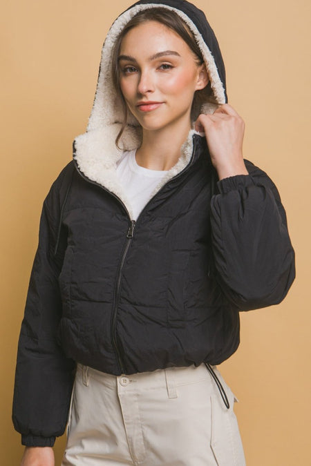 Love Tree Zip Up Cropped Hooded Sherpa Reversible Jacket - S. M. & Co.