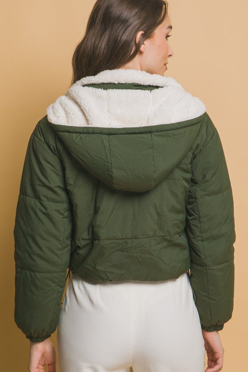 Love Tree Zip Up Cropped Hooded Sherpa Reversible Jacket - S. M. & Co.