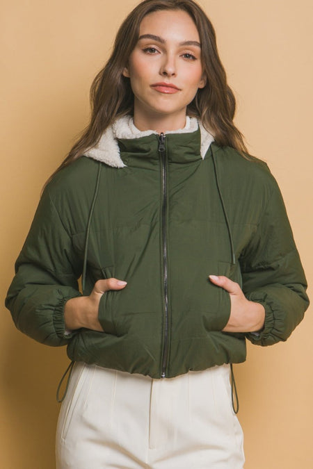 Love Tree Zip Up Cropped Hooded Sherpa Reversible Jacket - S. M. & Co.