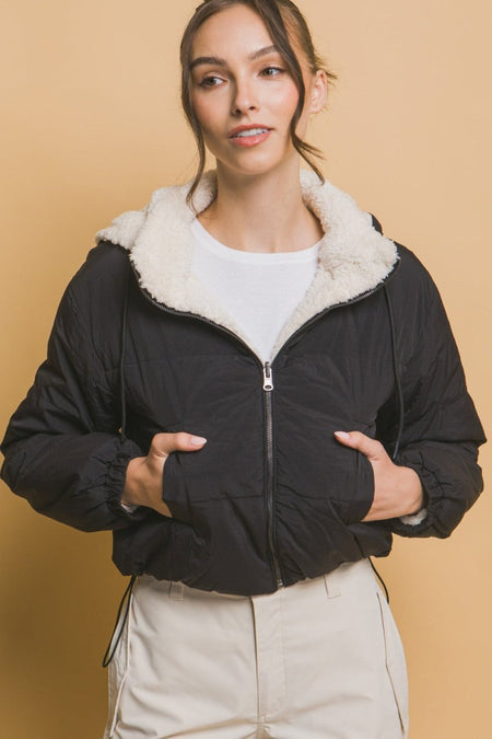 Love Tree Zip Up Cropped Hooded Sherpa Reversible Jacket - S. M. & Co.