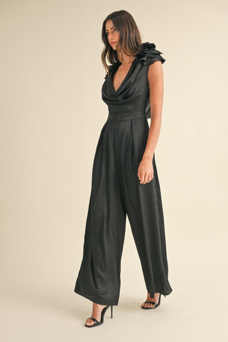 MABLE 3D Floral Applique Deep Cowl Neck Jumpsuit - S. M. & Co.