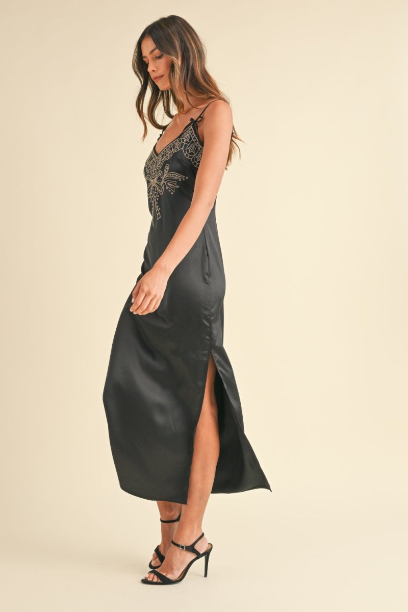 Mable Embroidered Cami Satin Midi Slit Dress - S. M. & Co.