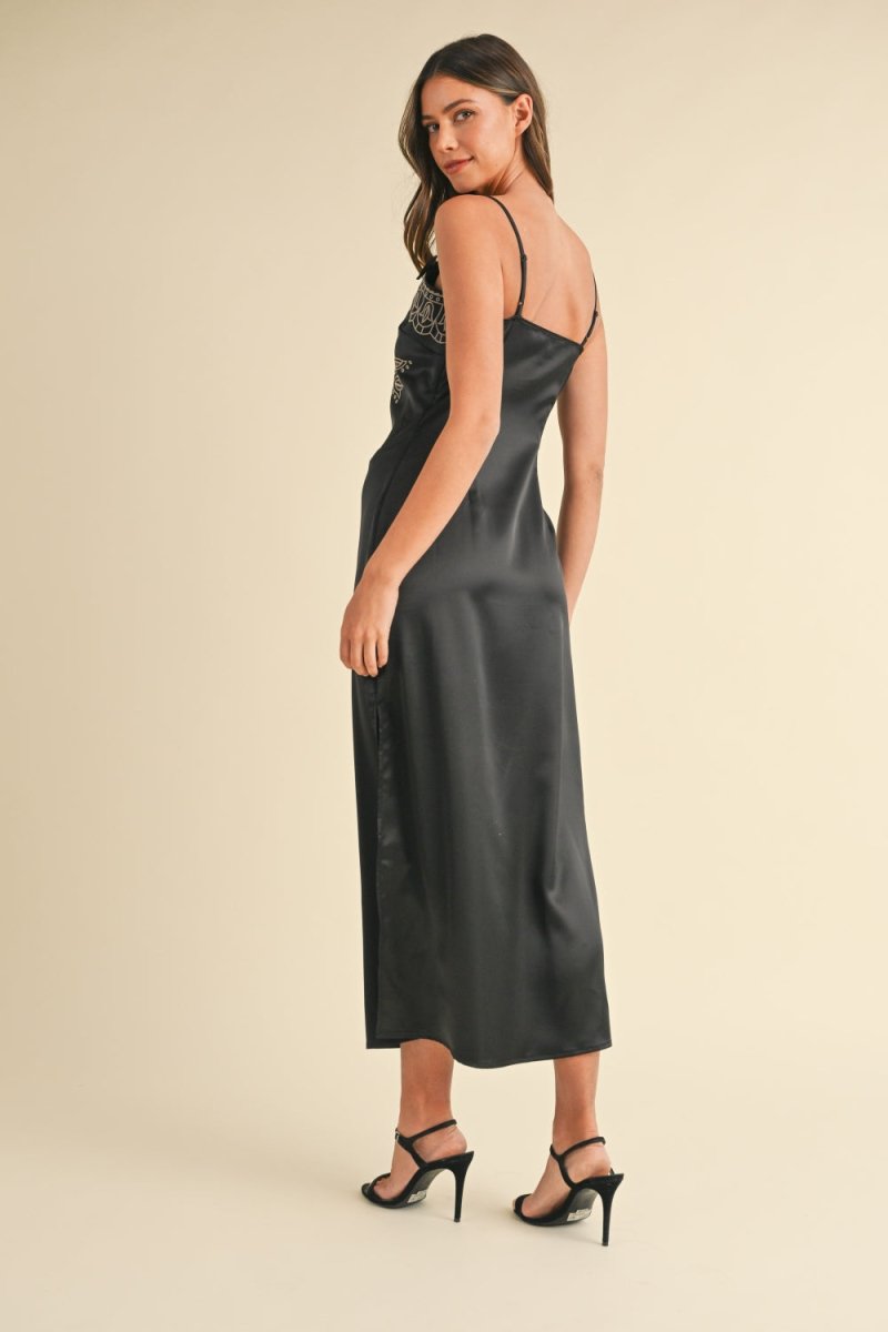 Mable Embroidered Cami Satin Midi Slit Dress - S. M. & Co.