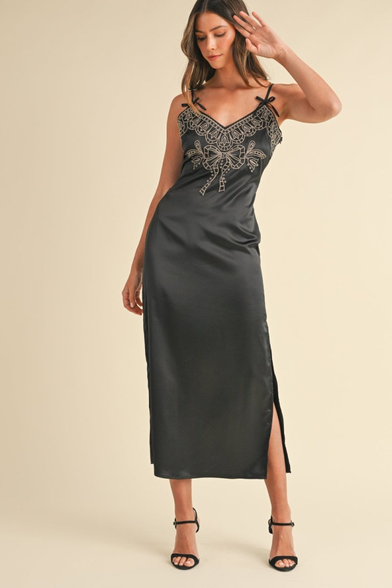 Mable Embroidered Cami Satin Midi Slit Dress - S. M. & Co.