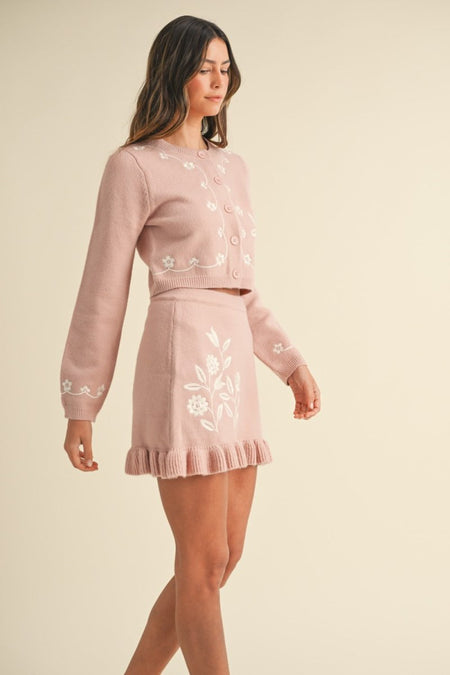 MABLE Floral Embroidered Crop Cardigan and Ruffled Mini Skirt Set - S. M. & Co.