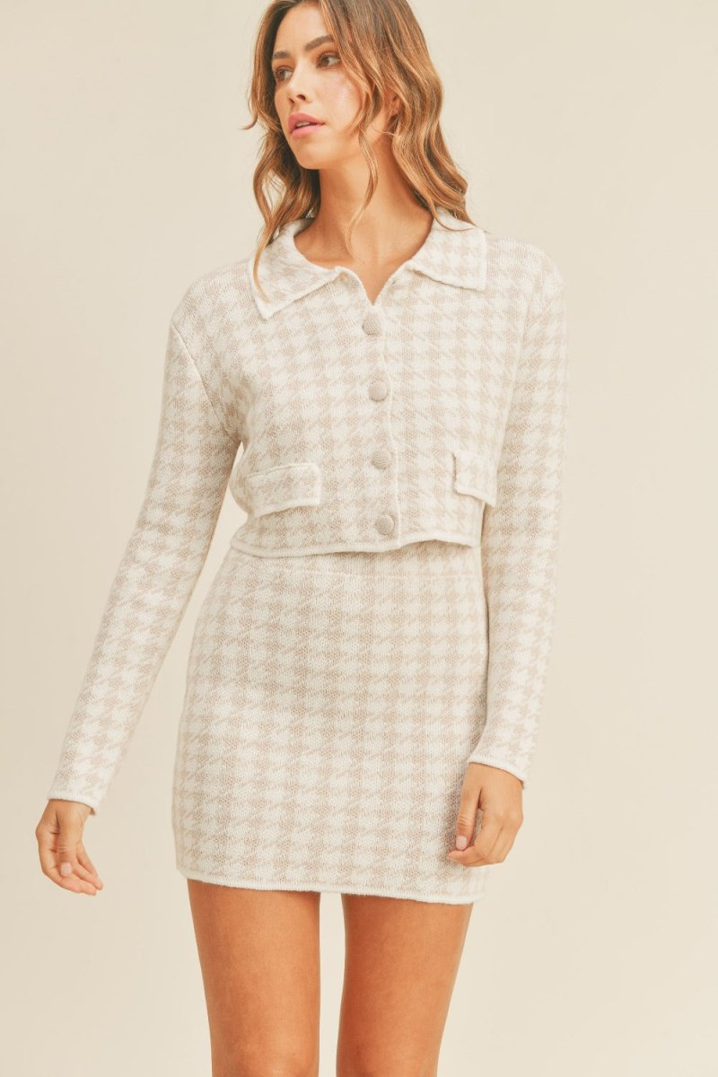 MABLE Houndstooth Cropped Knit Cardigan and Mini Skirt Set - S. M. & Co.