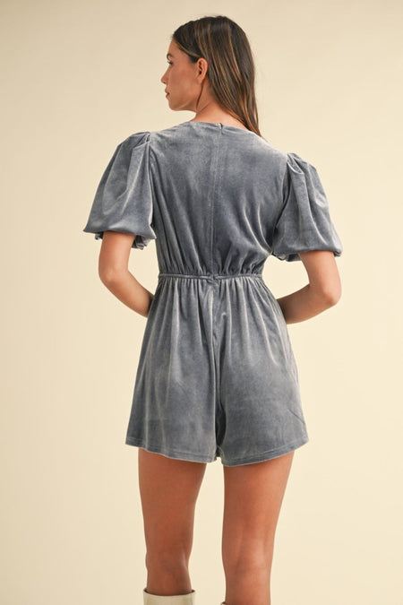 Mable Jewel Bow Decor Puff Sleeve Velvet Romper - S. M. & Co.