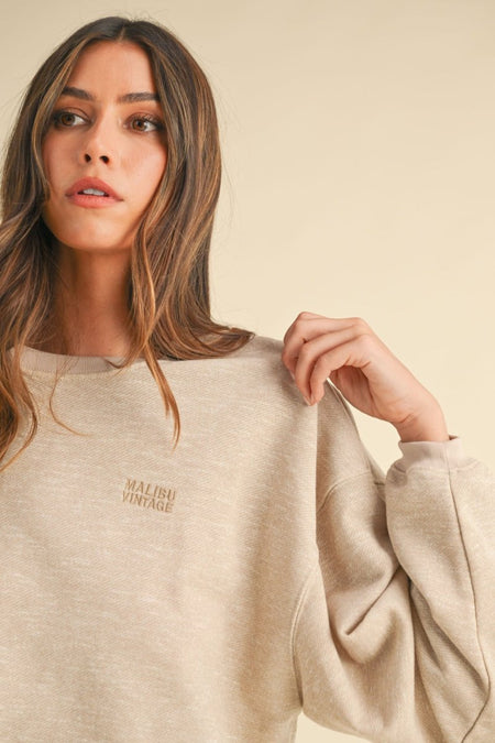 Mable Round Neck Letter Embroidery Crop Sweatshirt - S. M. & Co.