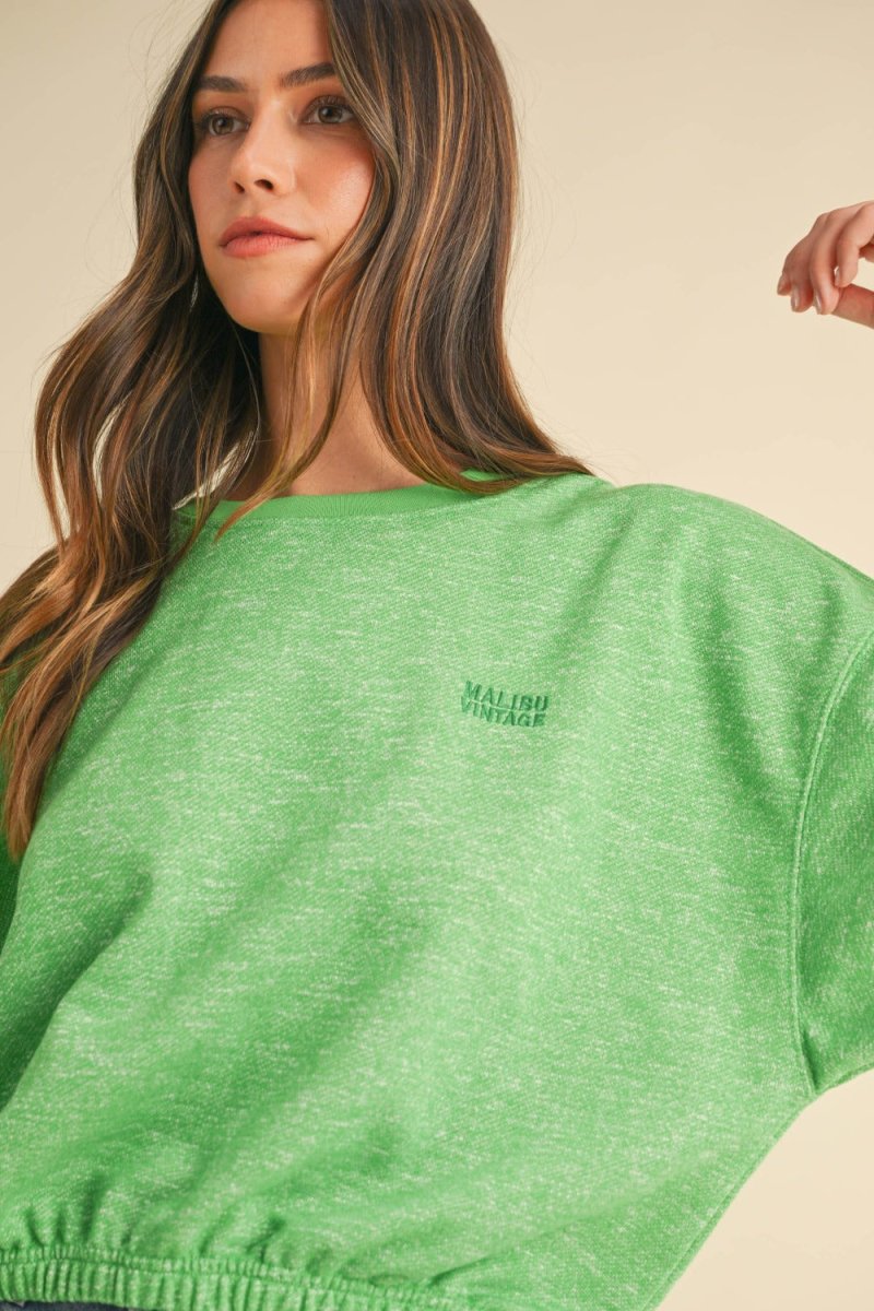 Mable Round Neck Letter Embroidery Crop Sweatshirt - S. M. & Co.