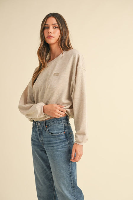 Mable Round Neck Letter Embroidery Crop Sweatshirt - S. M. & Co.